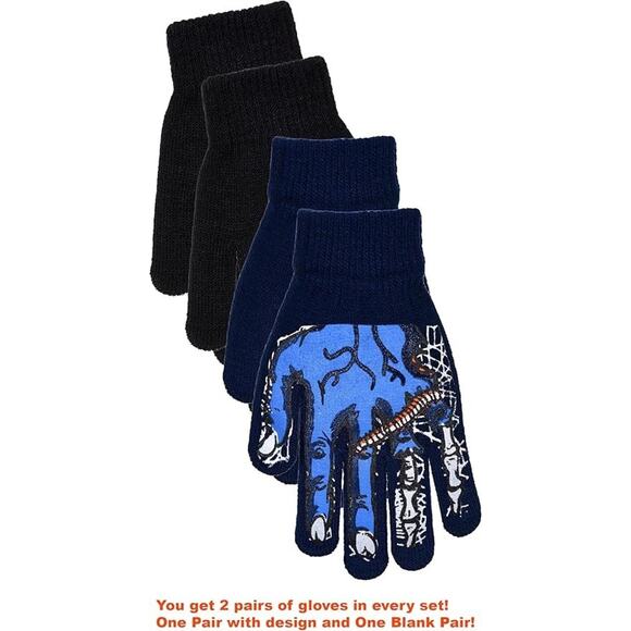 Boys 2 pairs of Gloves: 1-Halloween AND 1-Black (Monster Navy2) - Picture 1 of 4